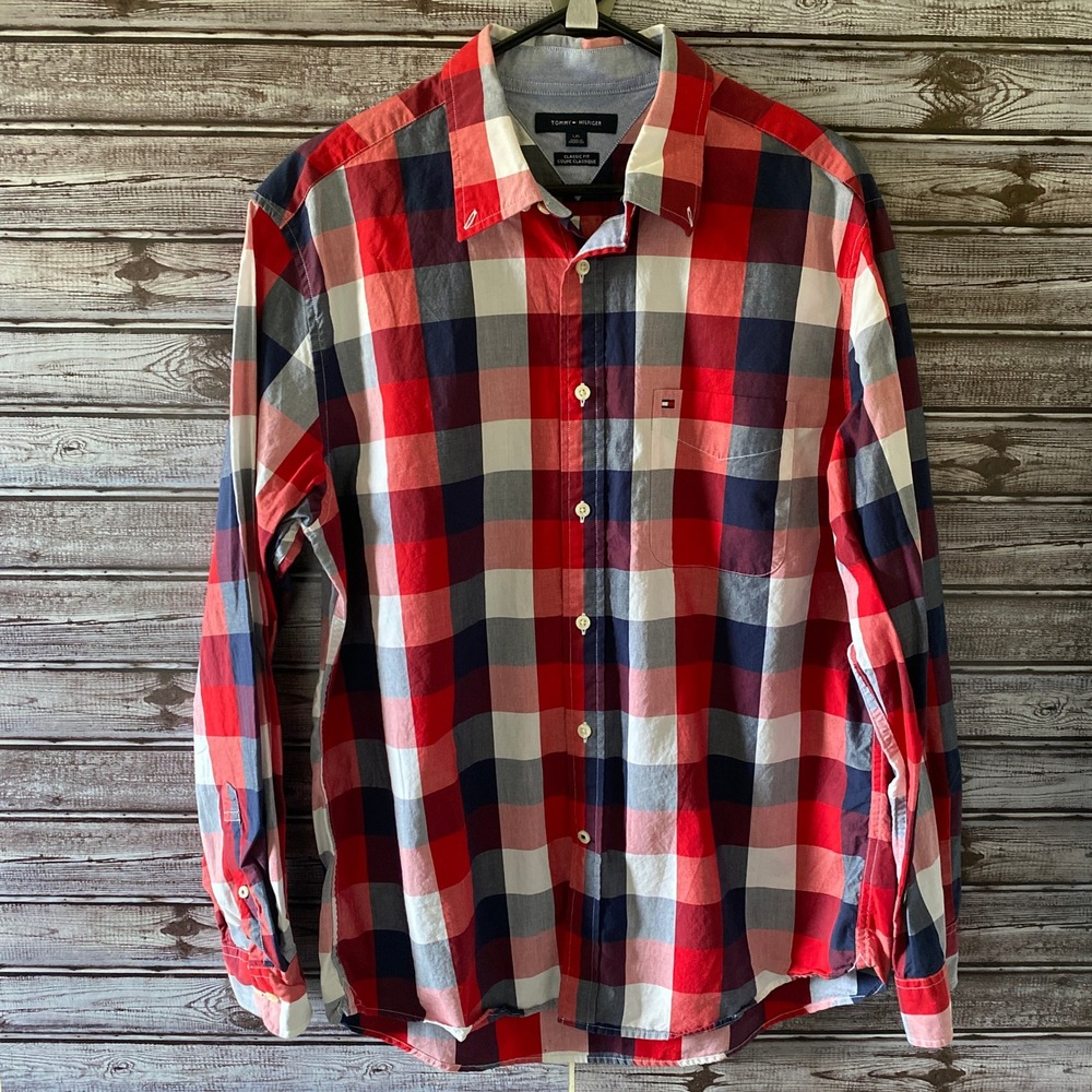 Tommy Hilfiger Men's Long-Sleeved Button-Down Shirt‎ Size L Red White Blue Plaid